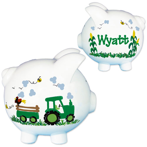 Hand Painted Piggy Bank - Green Tractor