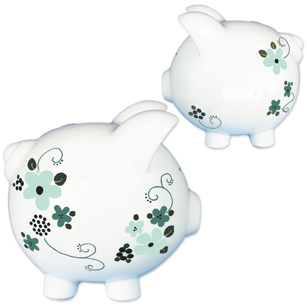 Hand Painted Floral Teal Piggy Bank