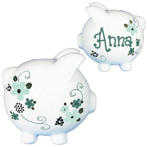 Hand Painted Floral Teal Piggy Bank