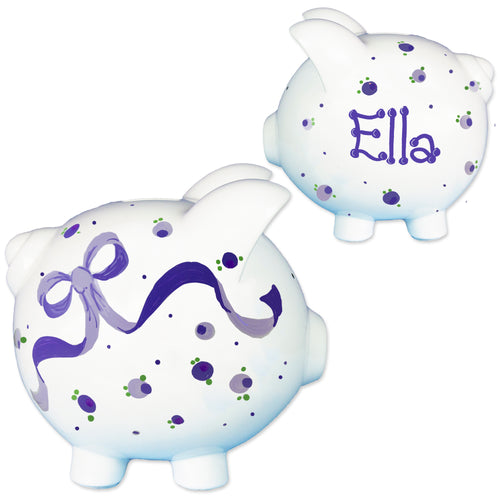 Girls lavender bow flowers piggy bank personalized