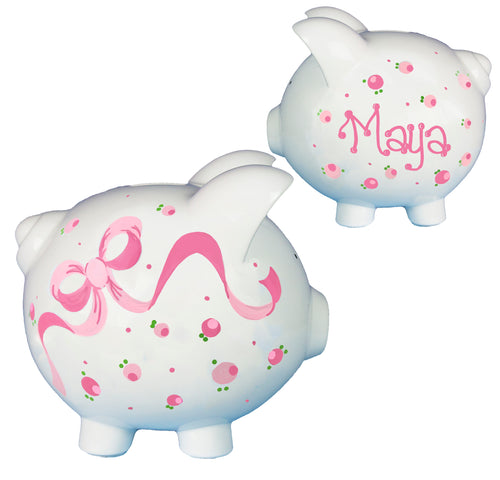 Girls pink bow flowers piggy bank personalized