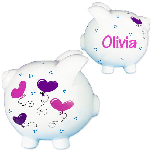 Hand Painted Piggy Bank with Heart balloons