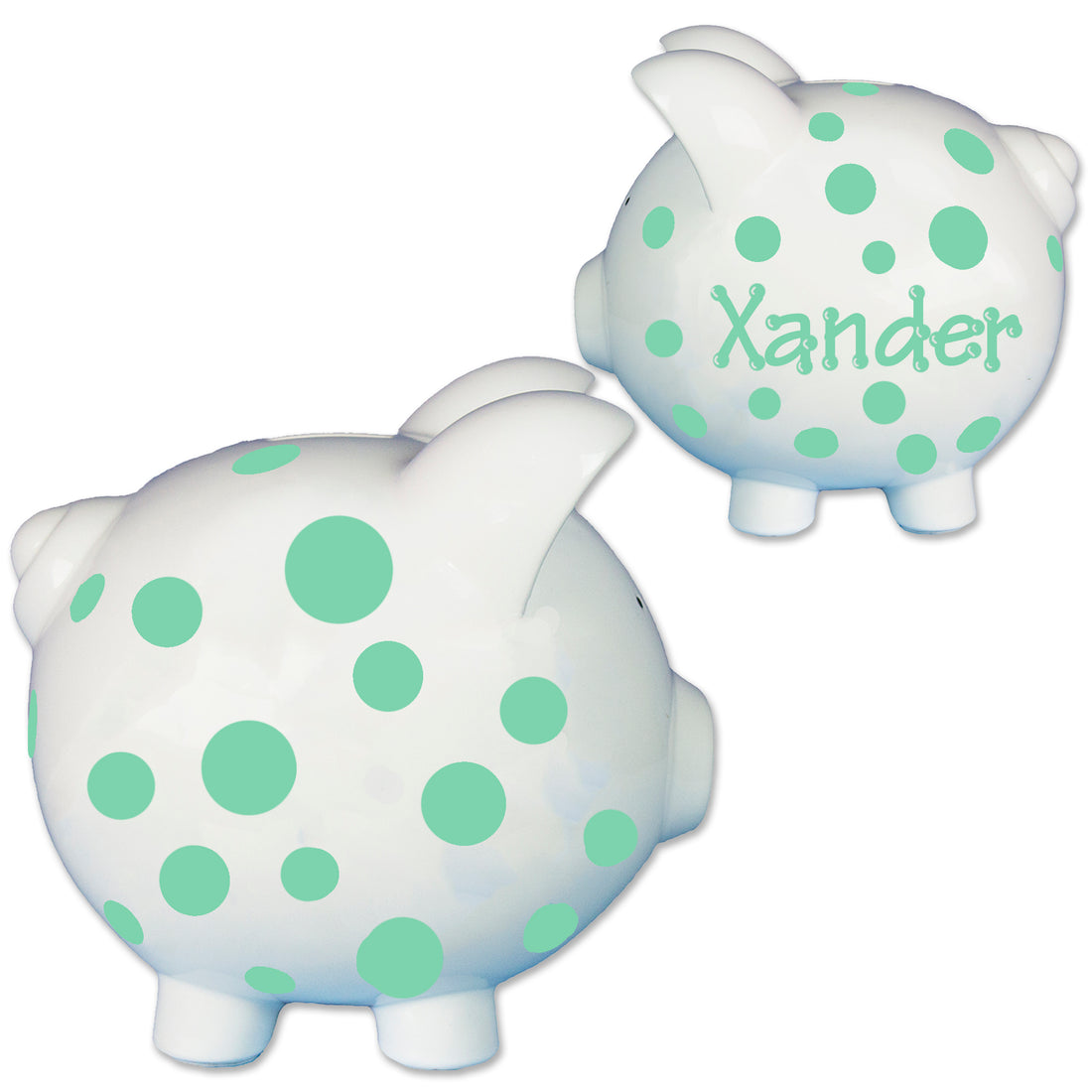 Child's polka dot hand painted piggy bank mint green