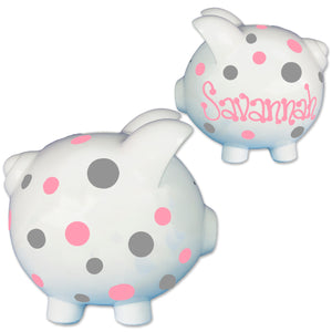 Girl's polka dot hand painted piggy bank pink and gray