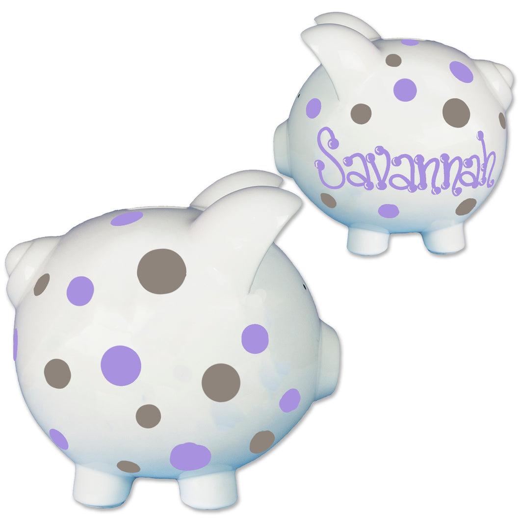 Girls lavender dot piggy bank hand painted