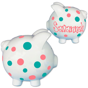 Child's coral polkadot hand painted piggy bank