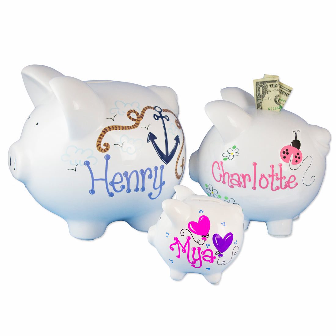 Hand Painted Personalized Classic Pink Navy Rosie Posie Piggy Bank