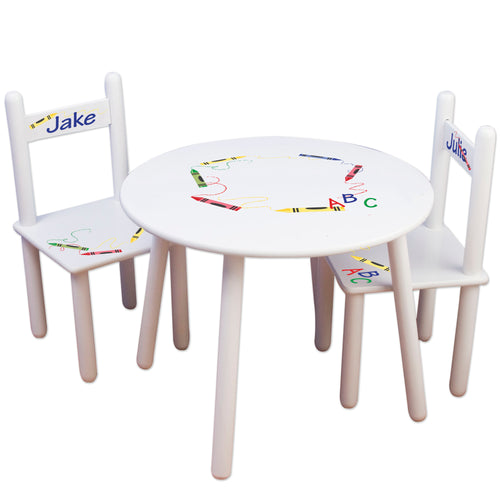 childs play table with personalized chairs crayons