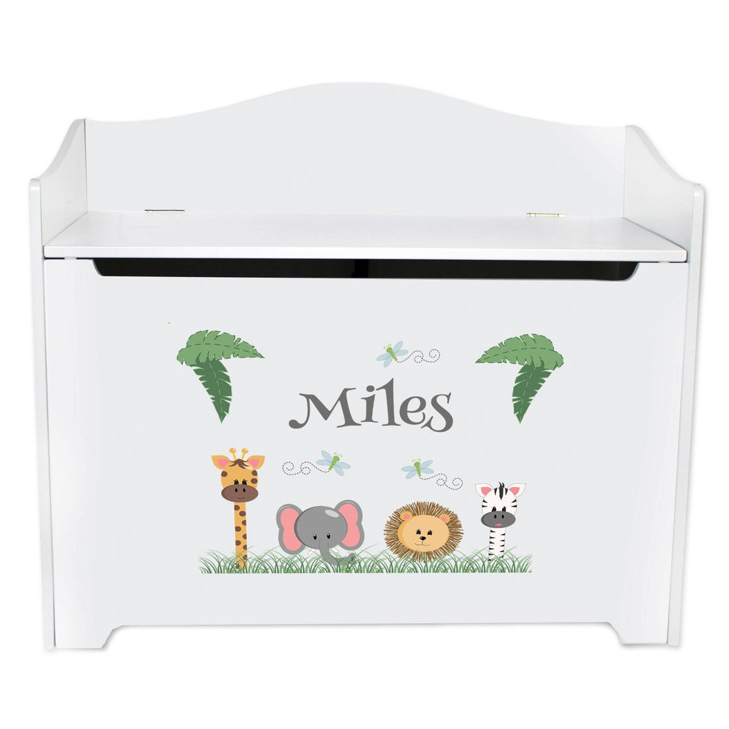 Personalized Safari Animals White Toy Box Bench