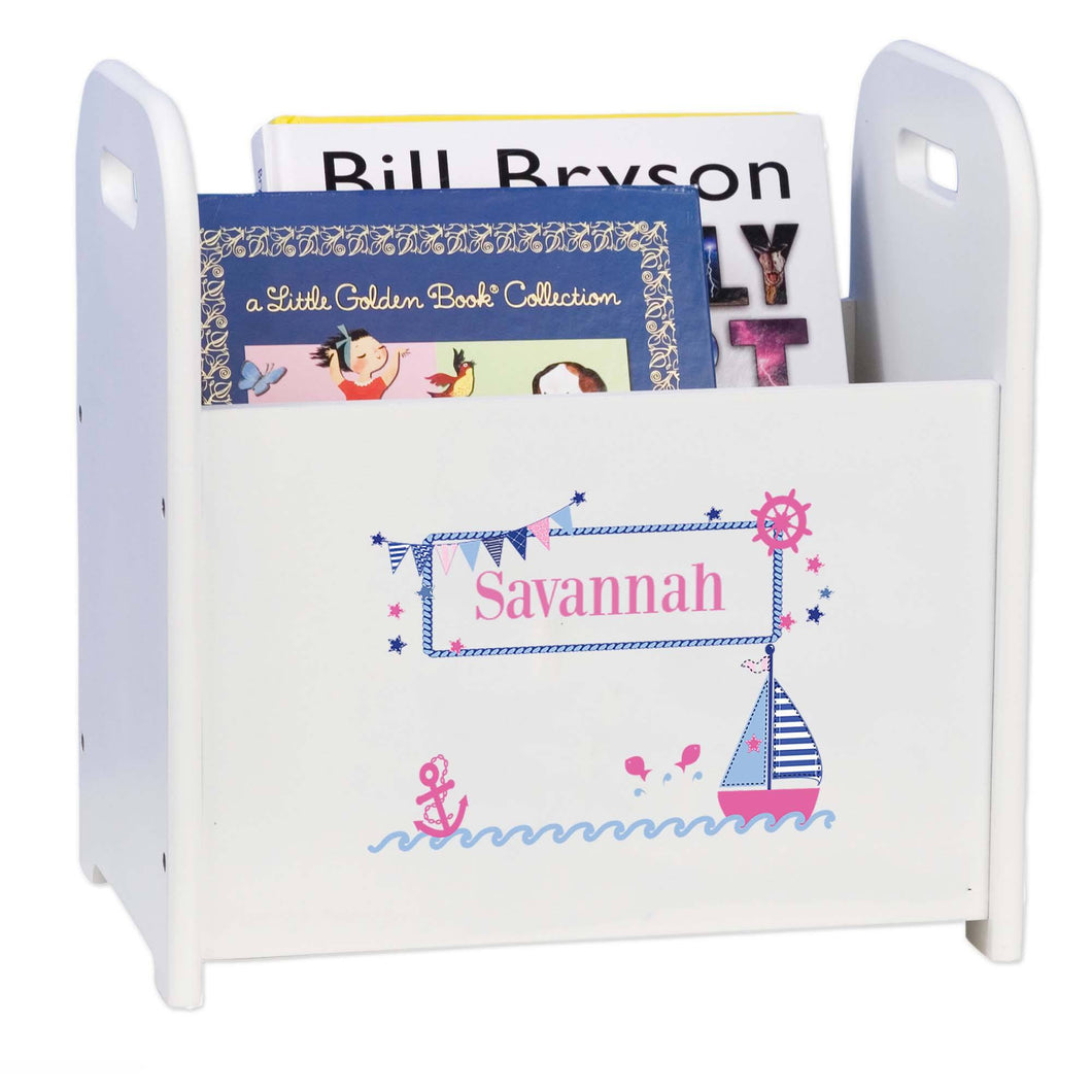 Personalized Pink Sailboat White Book Caddy And Magazine Rack
