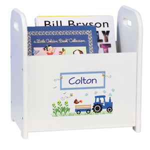 Personalized Book Caddy And ,storage With Blue Tractor Design