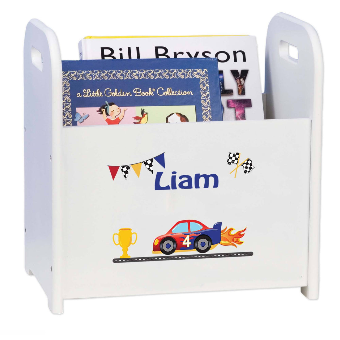 Personalized Race Cars White Book Caddy And Rack