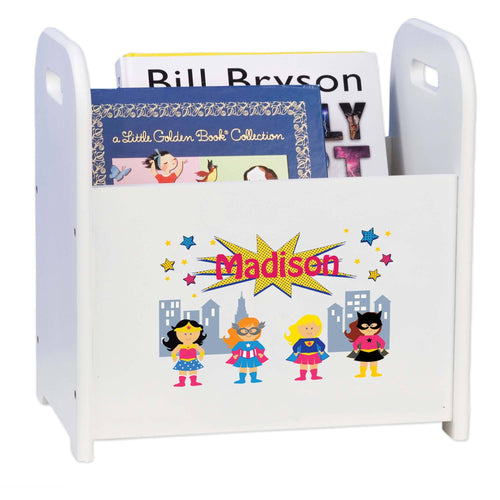 Personalized Girls Superhero White Book Caddy And Rack