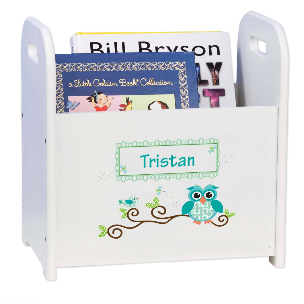 Personalized Blue Gingham Owl White Book Caddy And Rack