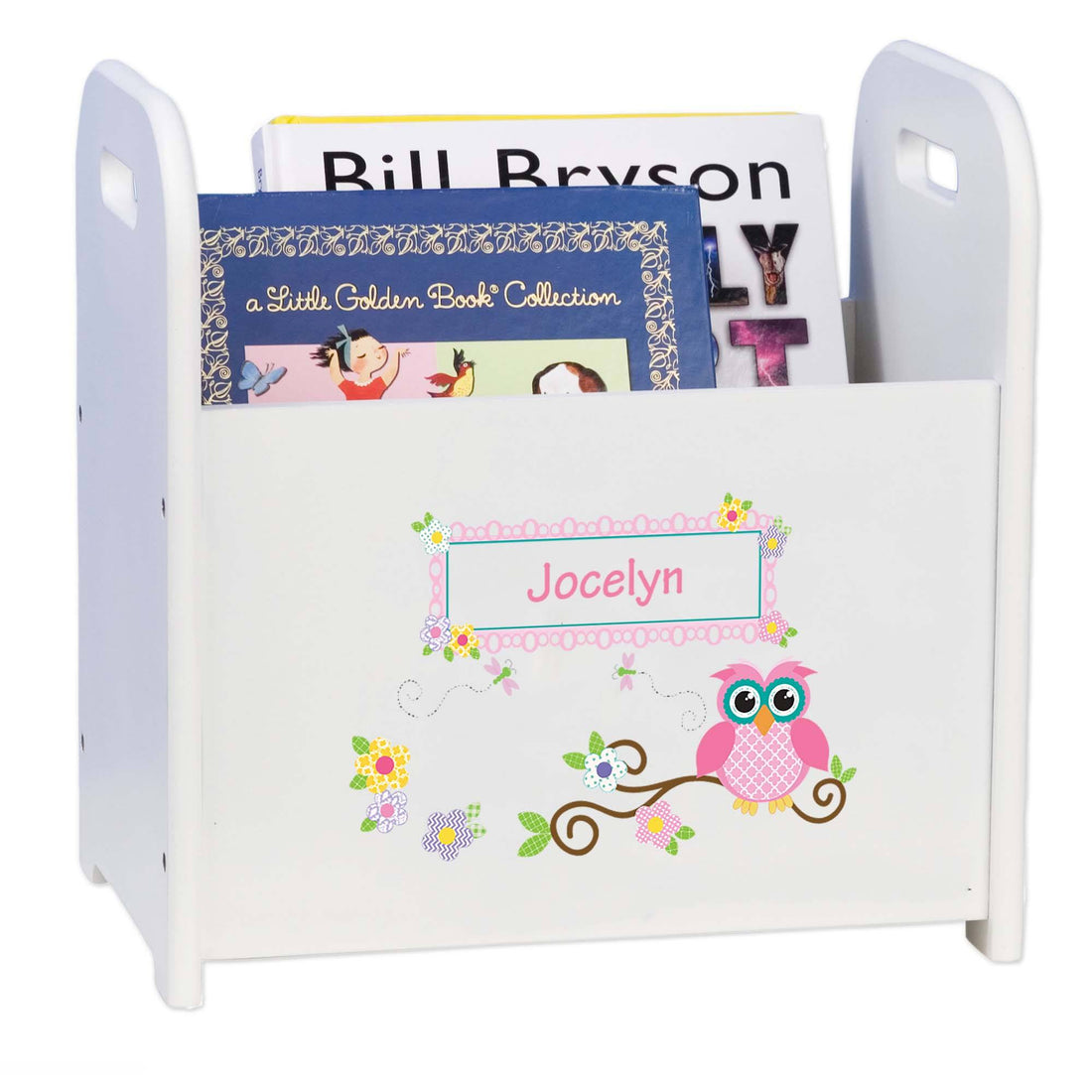 personalized pink owl book caddy 