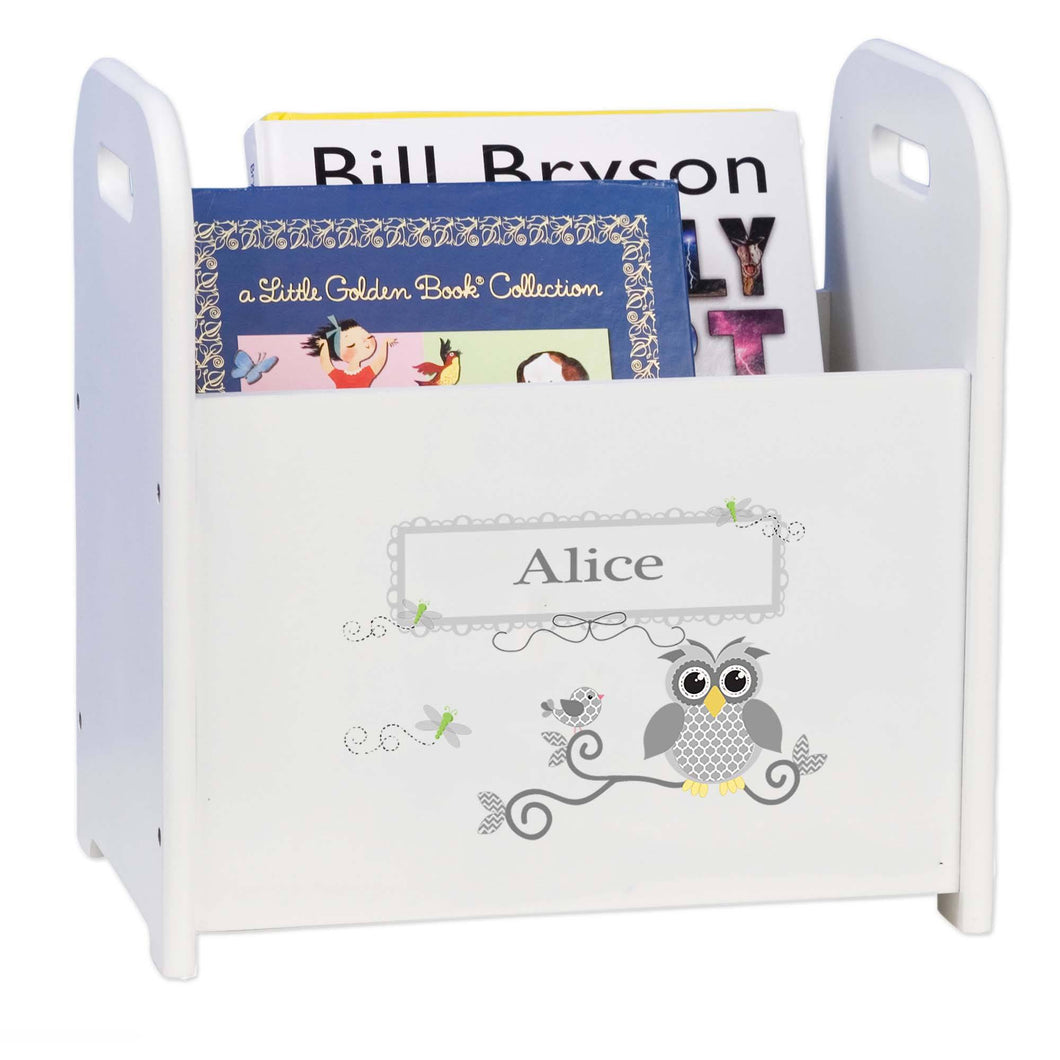 Personalized Gray Owl White Book Caddy And Rack