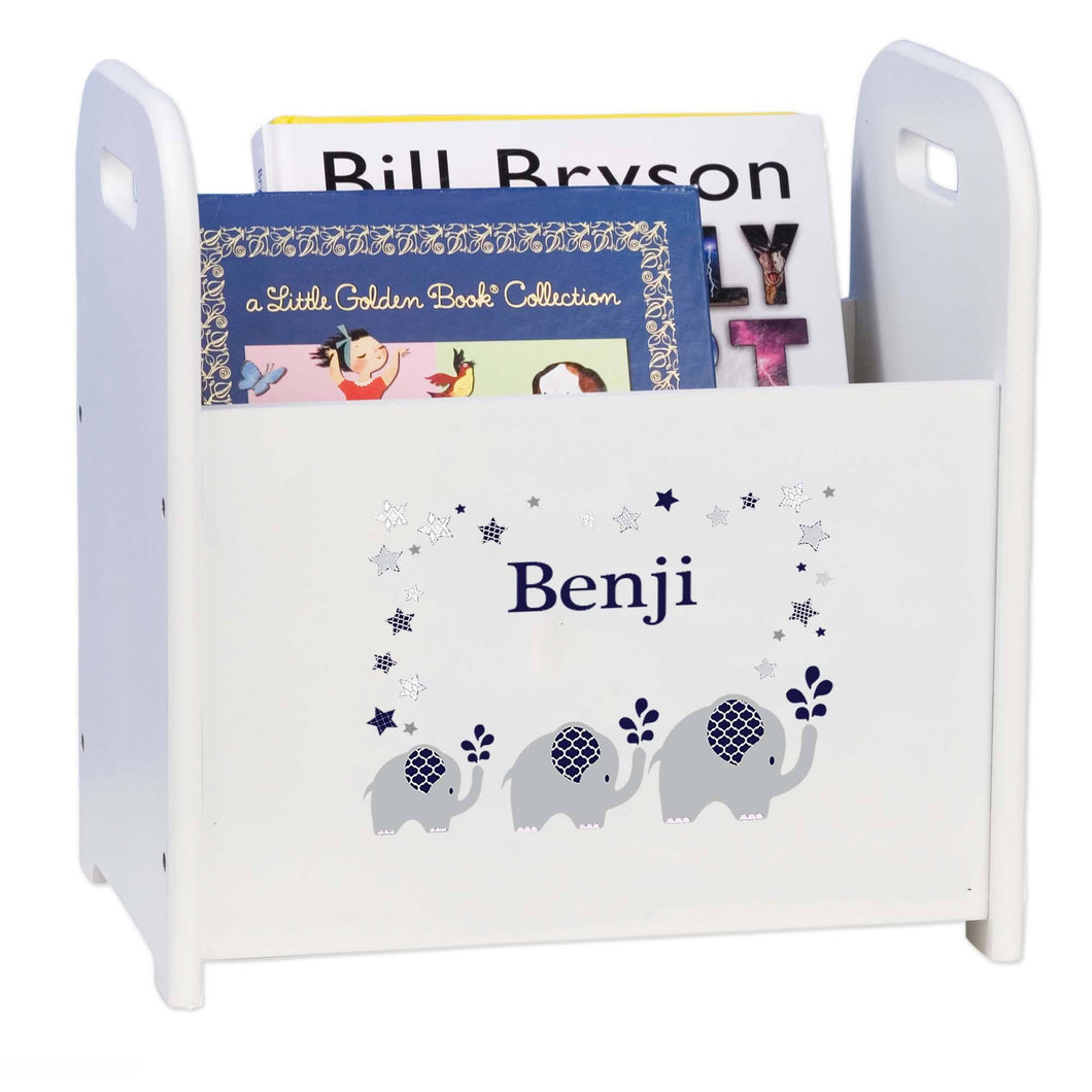 Personalized Navy Elephant White Book Caddy And Magazine Rack