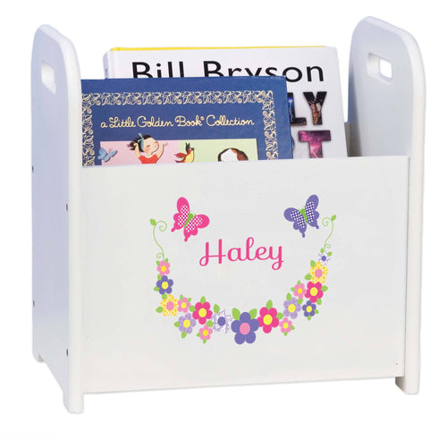 Personalized Bright Butterflies And Flowers Book Caddy And Rack