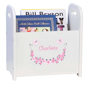 Personalized Pink And Gray Butterflies White Book Caddy And Rack