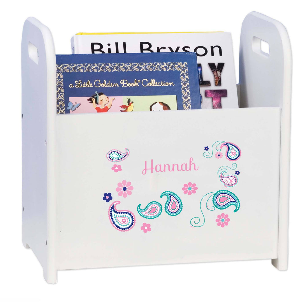 Personalized Paisley Teal And Pink White Book Caddy And Rack