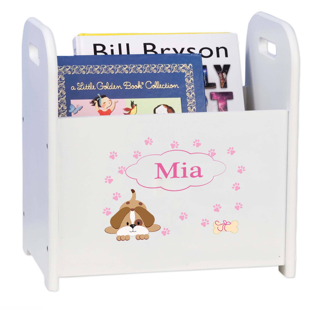 Personalized Pink Puppy White Book Caddy And Rack