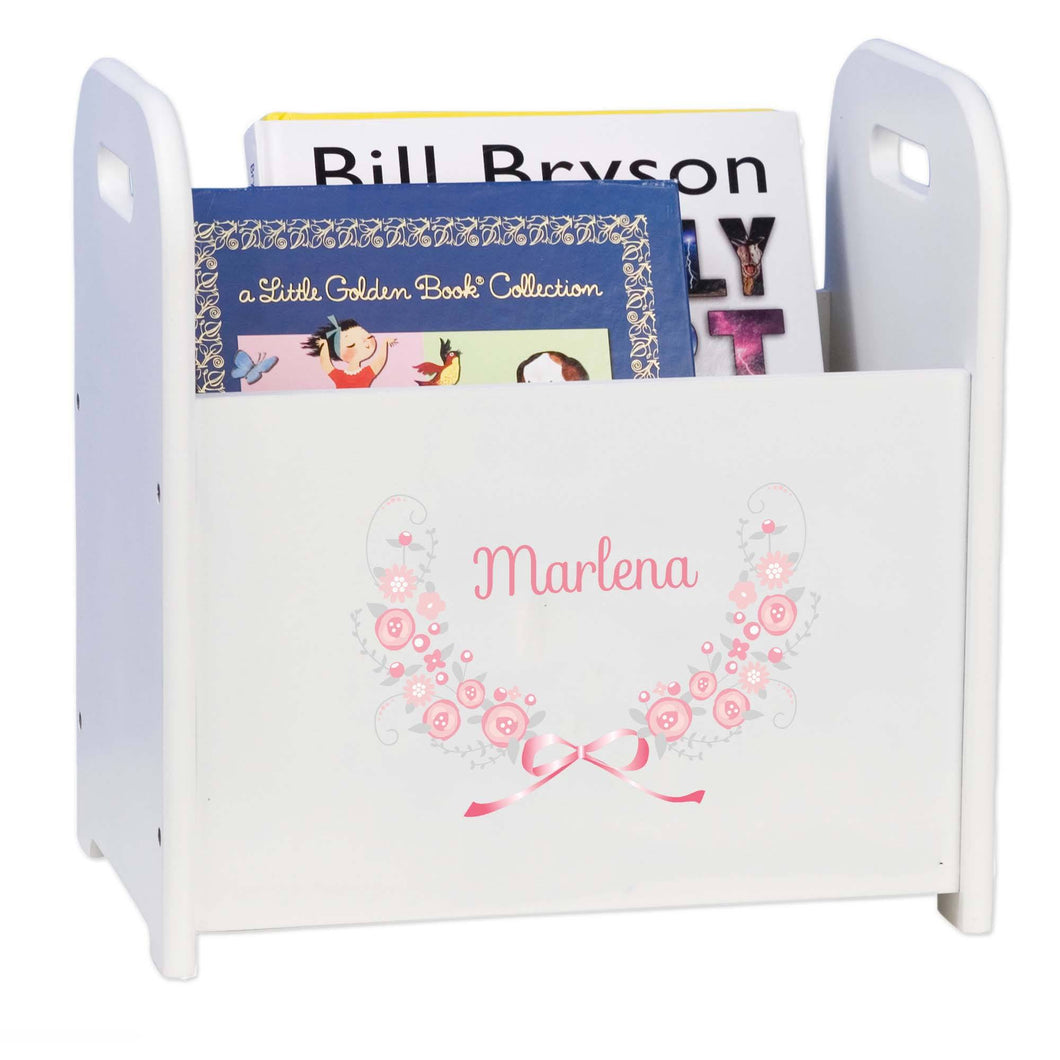 Personalized Pink Gray Floral Garland White Book Caddy And Rack