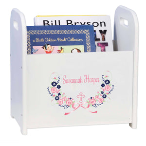 Personalized Holy Cross Navy Pink Floral Garland Design Book Caddy And Holder