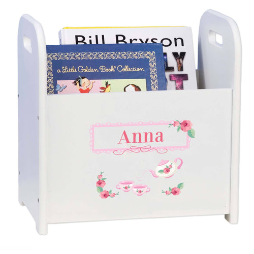 Personalized Tea Party White Book Caddy And Rack