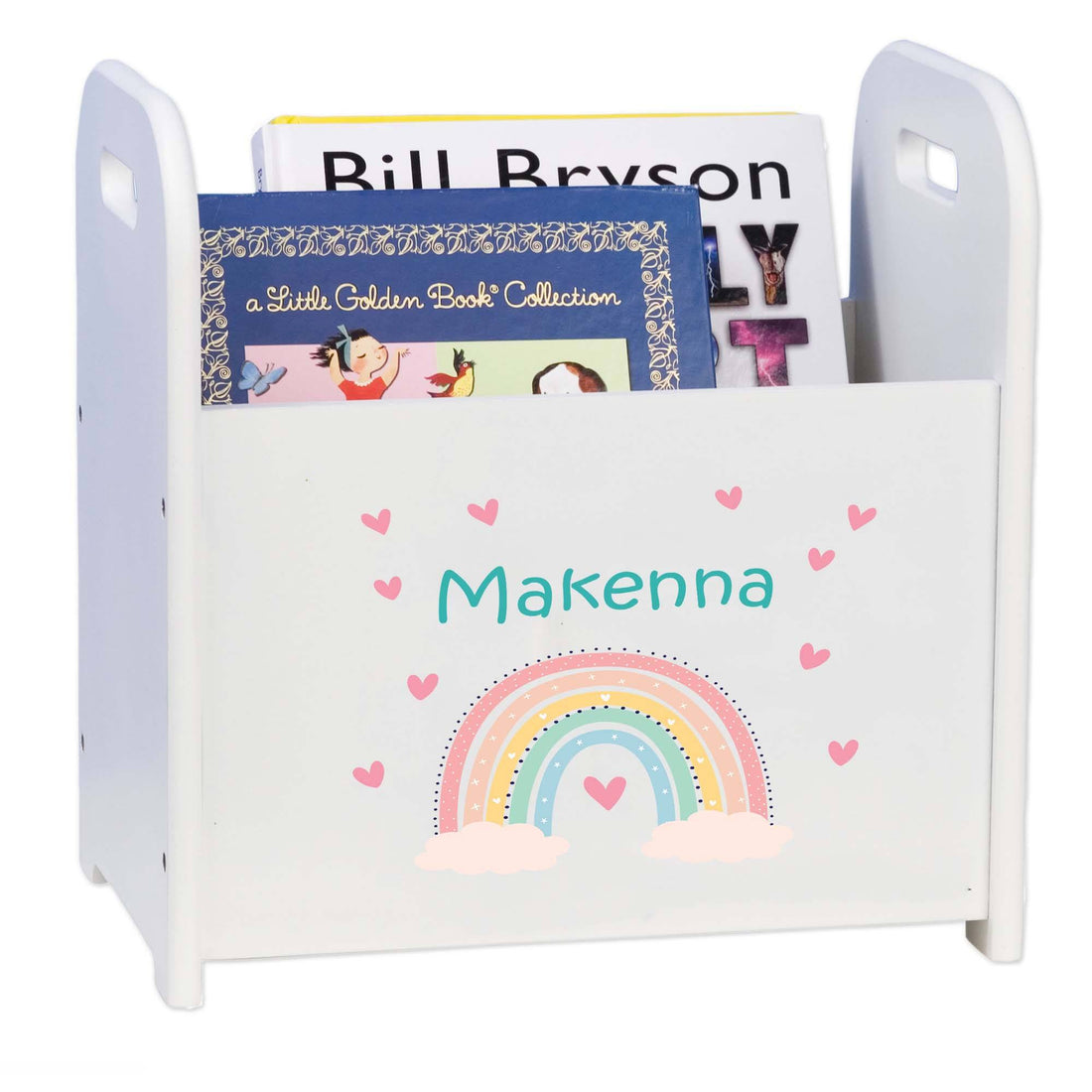 White personalized boho rainbow book caddy