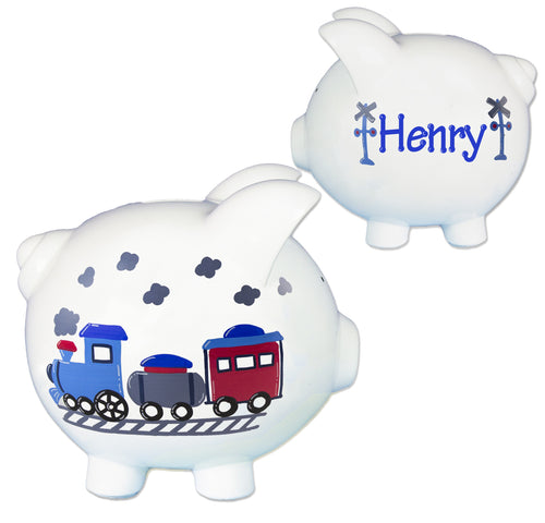 Hand Painted Piggy Bank with Train design