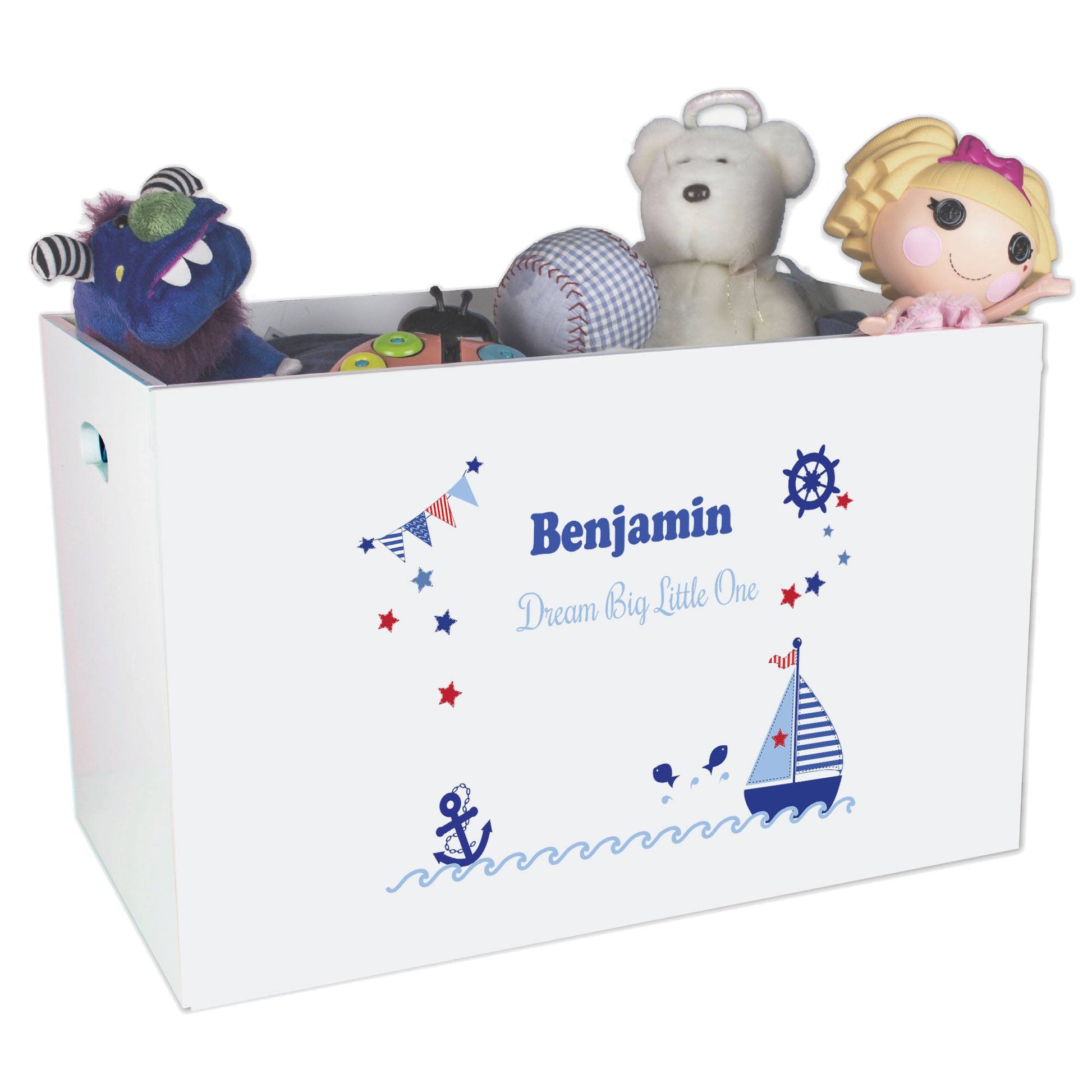 Open White Toy Box Bench with Boys Sailboat design
