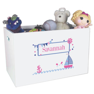 Open White Toy Box Bench with Pink Sailboat design