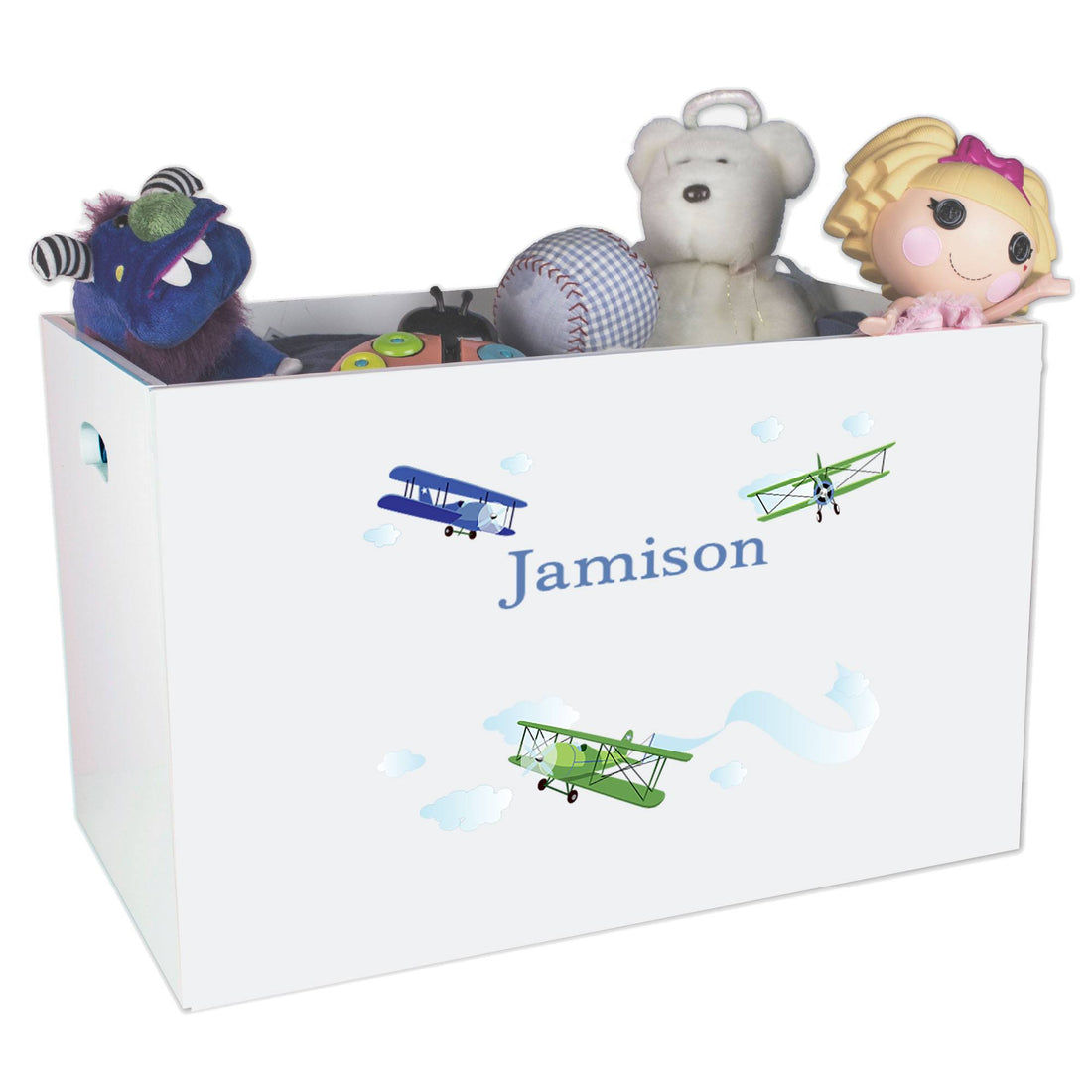 Open White Toy Box Bench with Airplane design