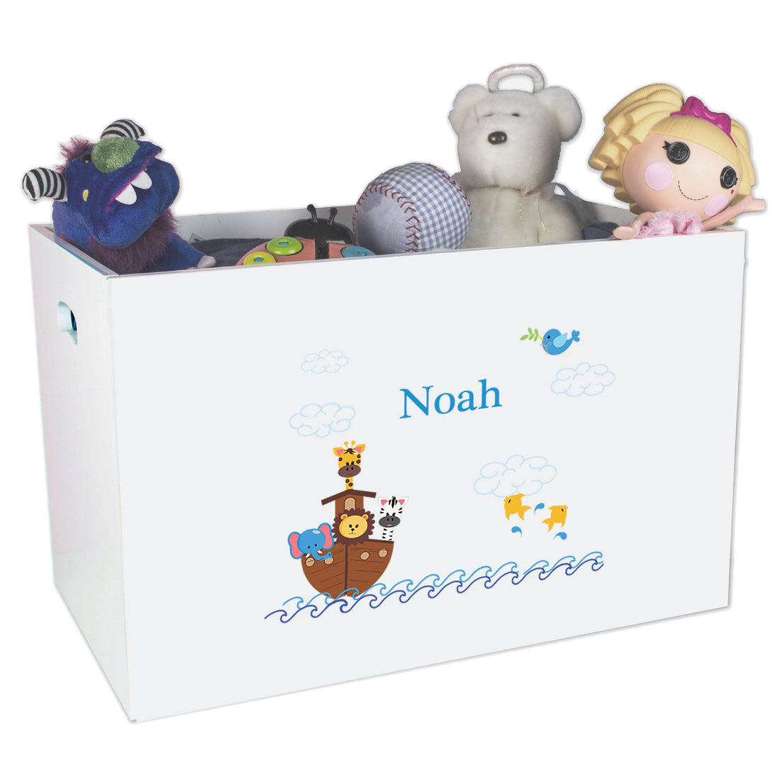 Open White Toy Box Bench with Noahs Ark design