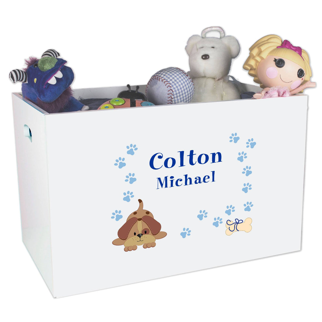 Open White Toy Box Bench with Blue Puppy design
