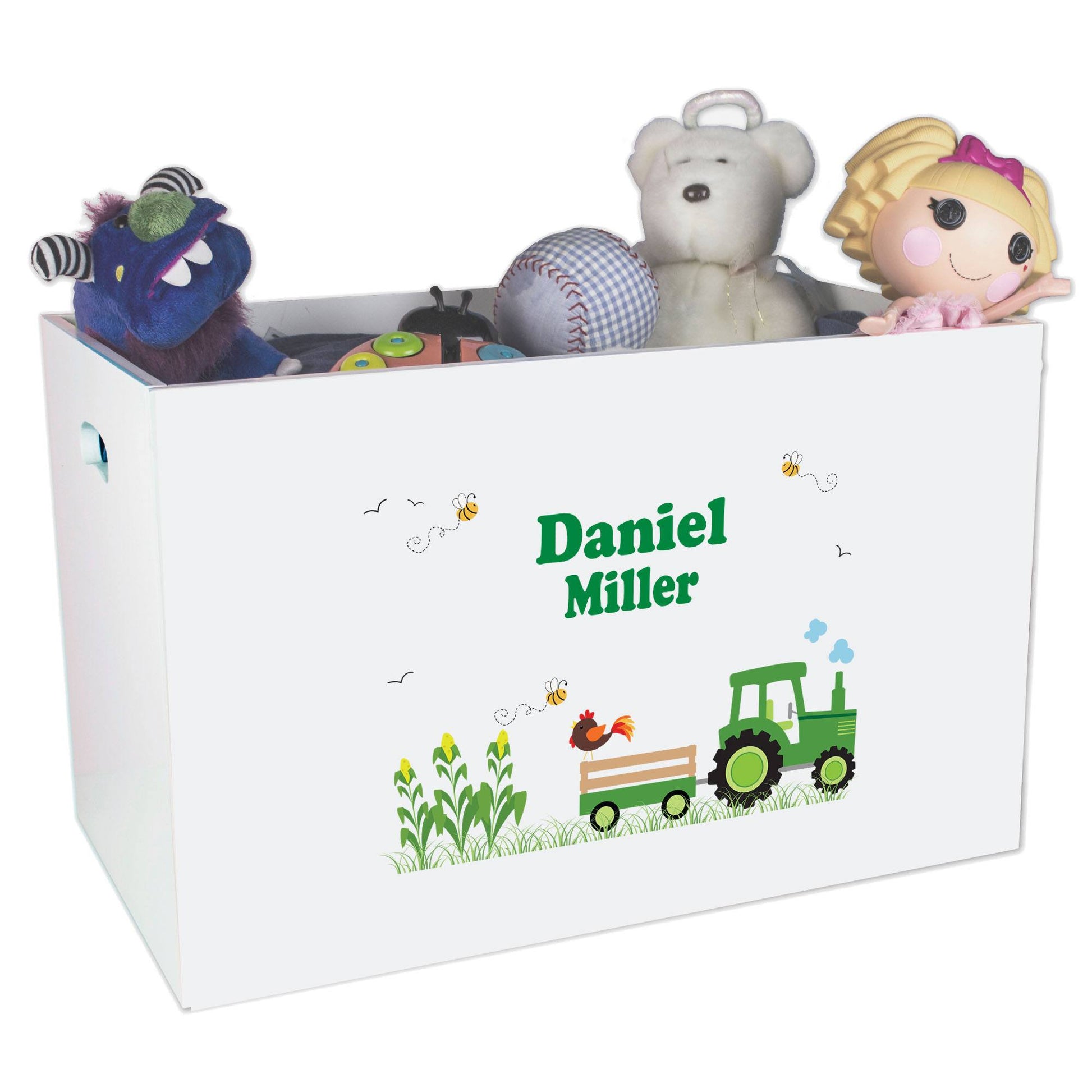 Open White Toy Box Bench with Green Tractor design