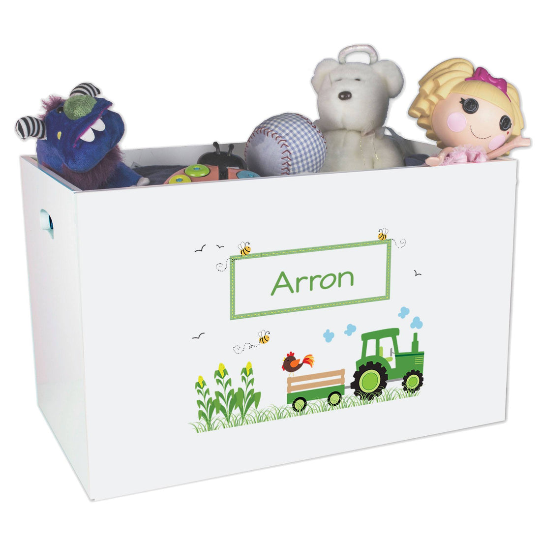 Open White Toy Box Bench with Green Tractor design