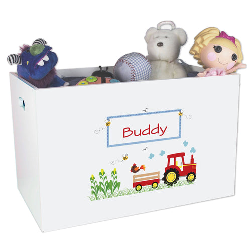 Open White Toy Box Bench with Red Tractor design