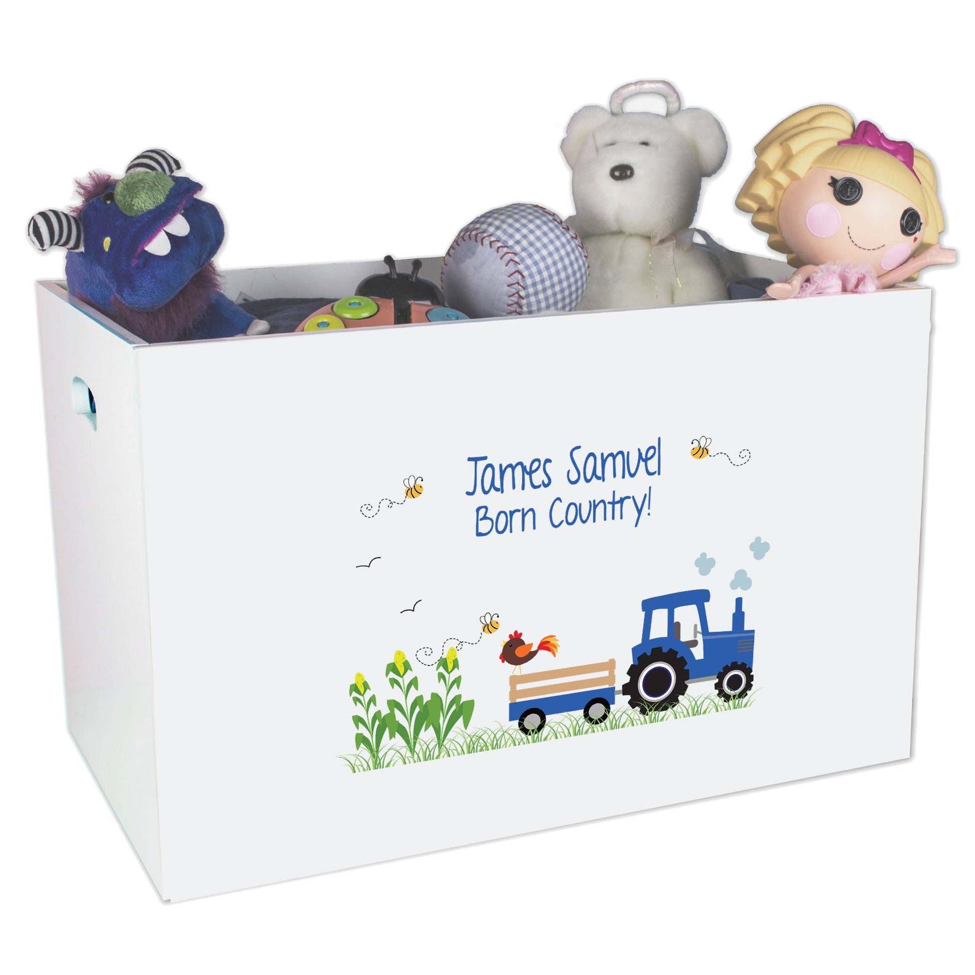 Open White Toy Box Bench with Blue Tractor design
