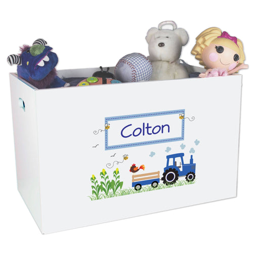 Open White Toy Box Bench with Blue Tractor design