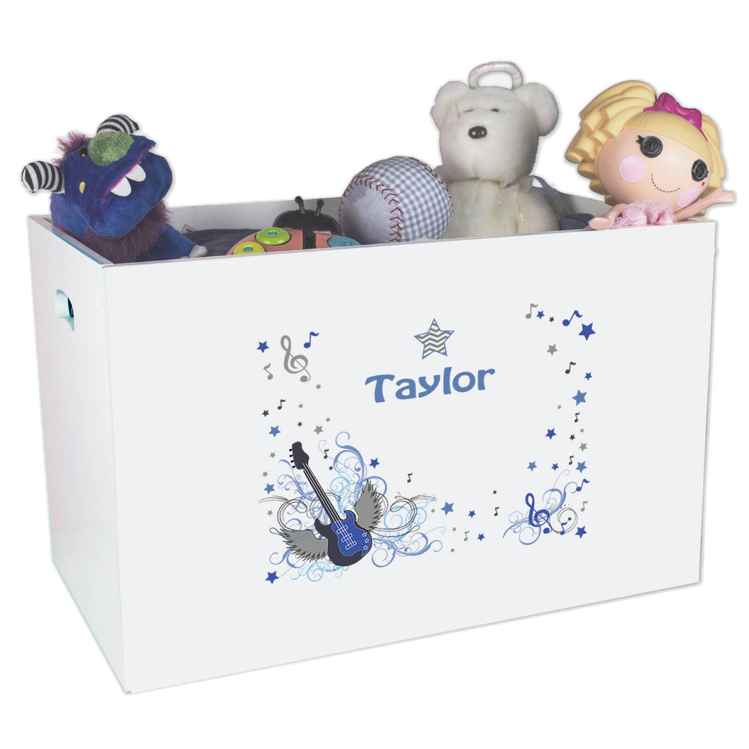 Open White Toy Box Bench with Blue Rock Star design