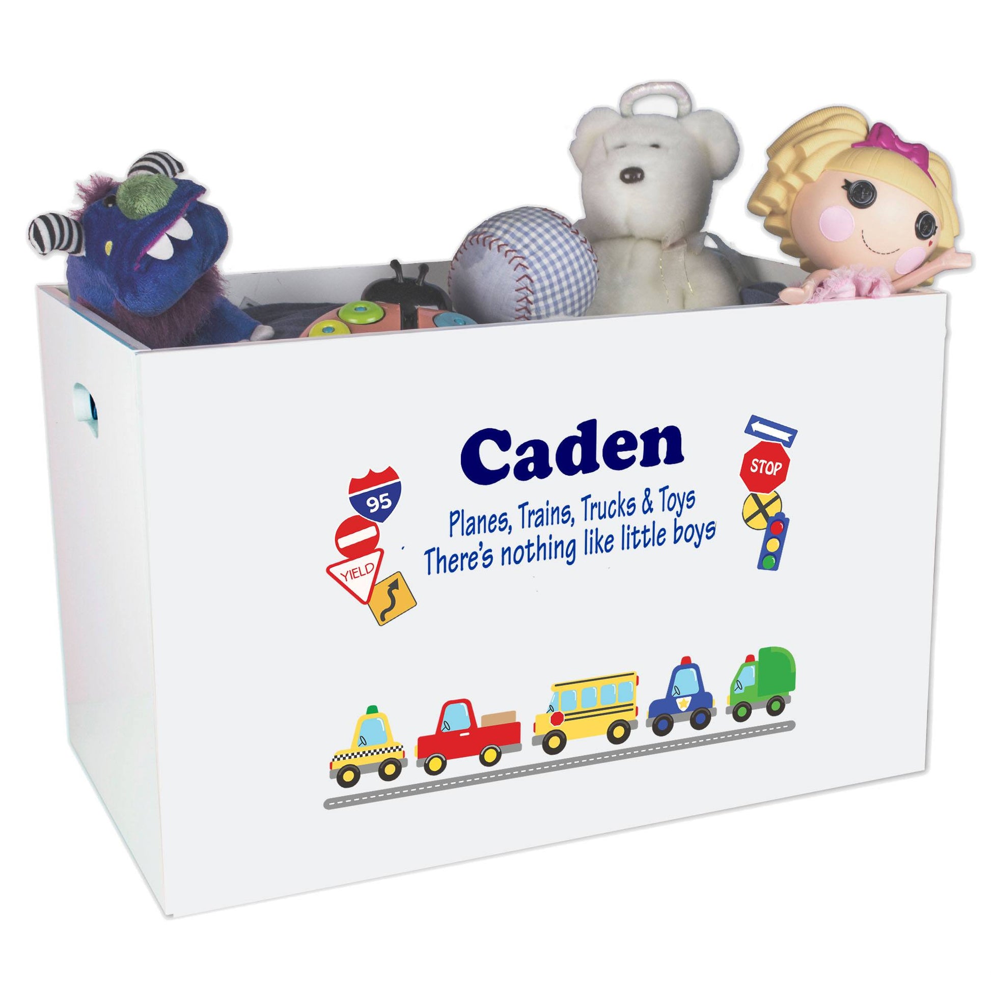 Open White Toy Box Bench with Cars and Trucks design