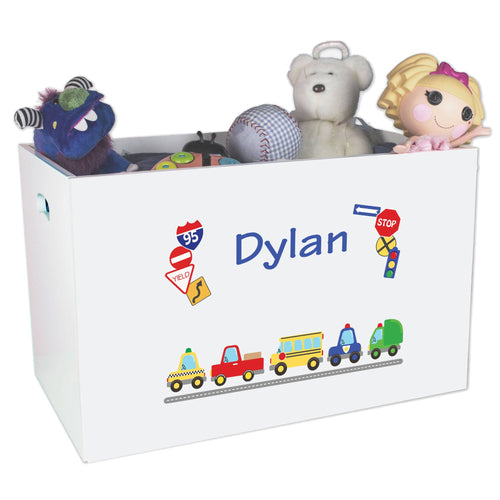 Open White Toy Box Bench with Cars and Trucks design