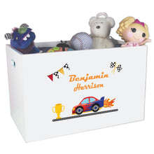 Open White Toy Box Bench with Race Cars design