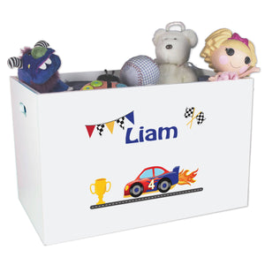 Open White Toy Box Bench with Race Cars design