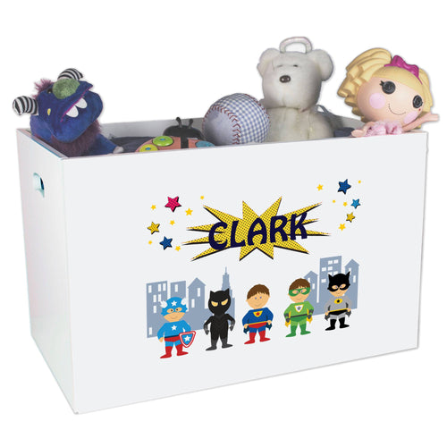 Open White Toy Box Bench with Superhero design