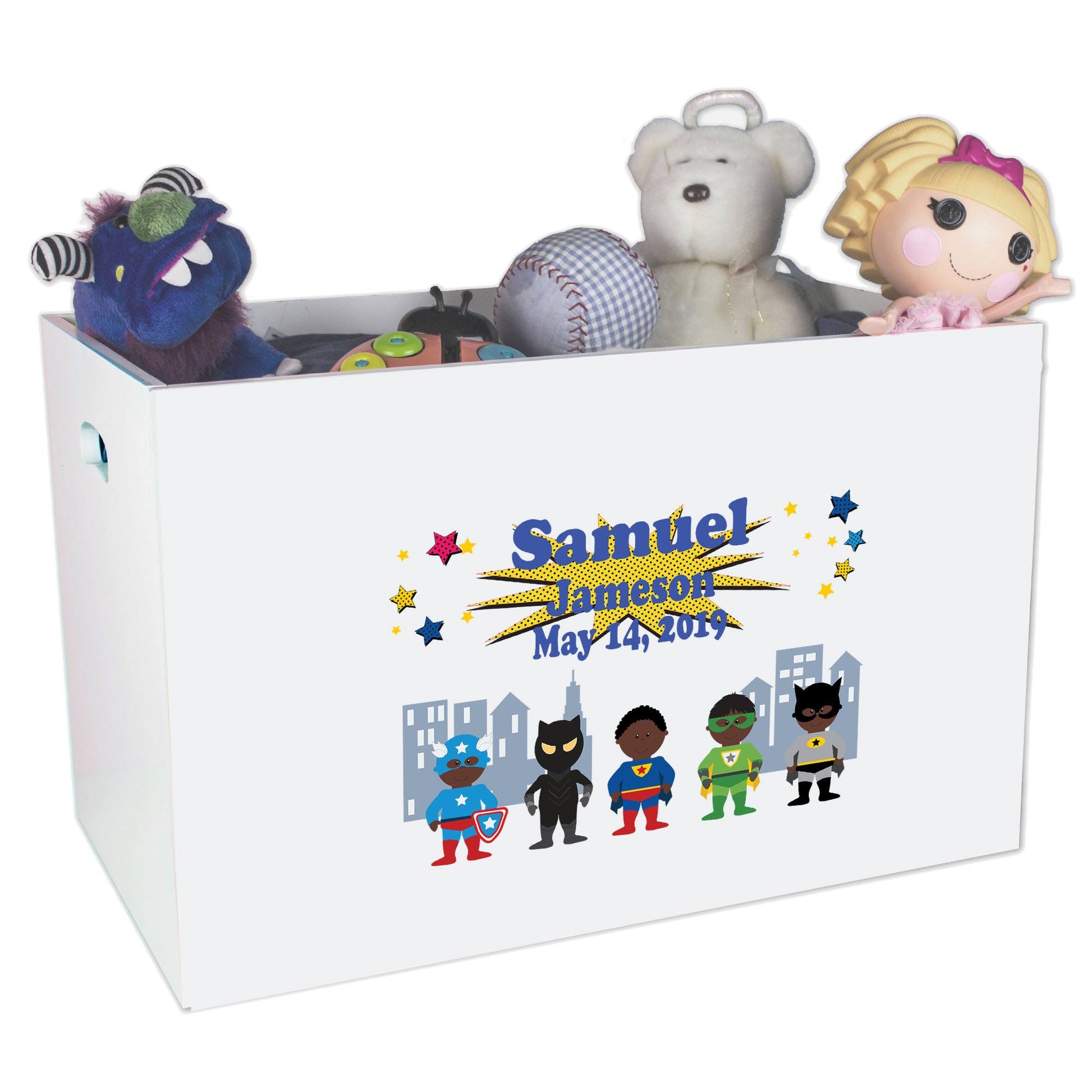 Open White Toy Box Bench with Superhero African American design