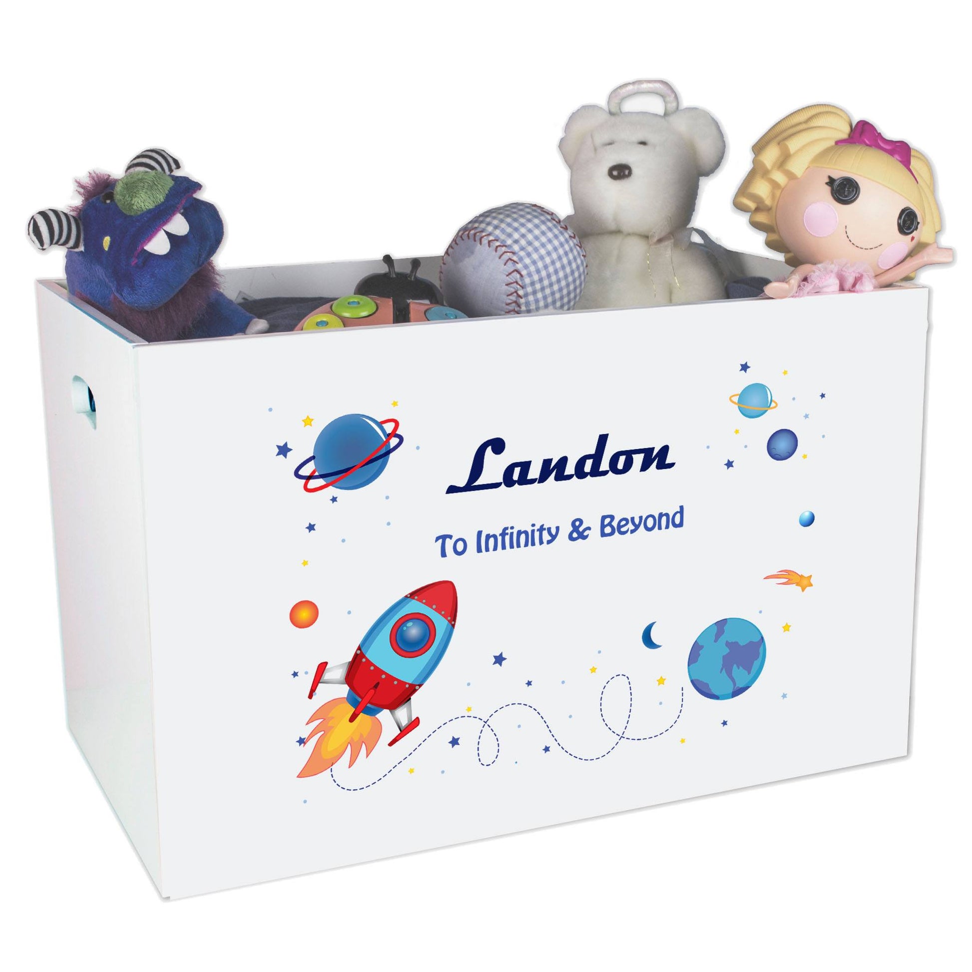 Open White Toy Box Bench with Rocket design