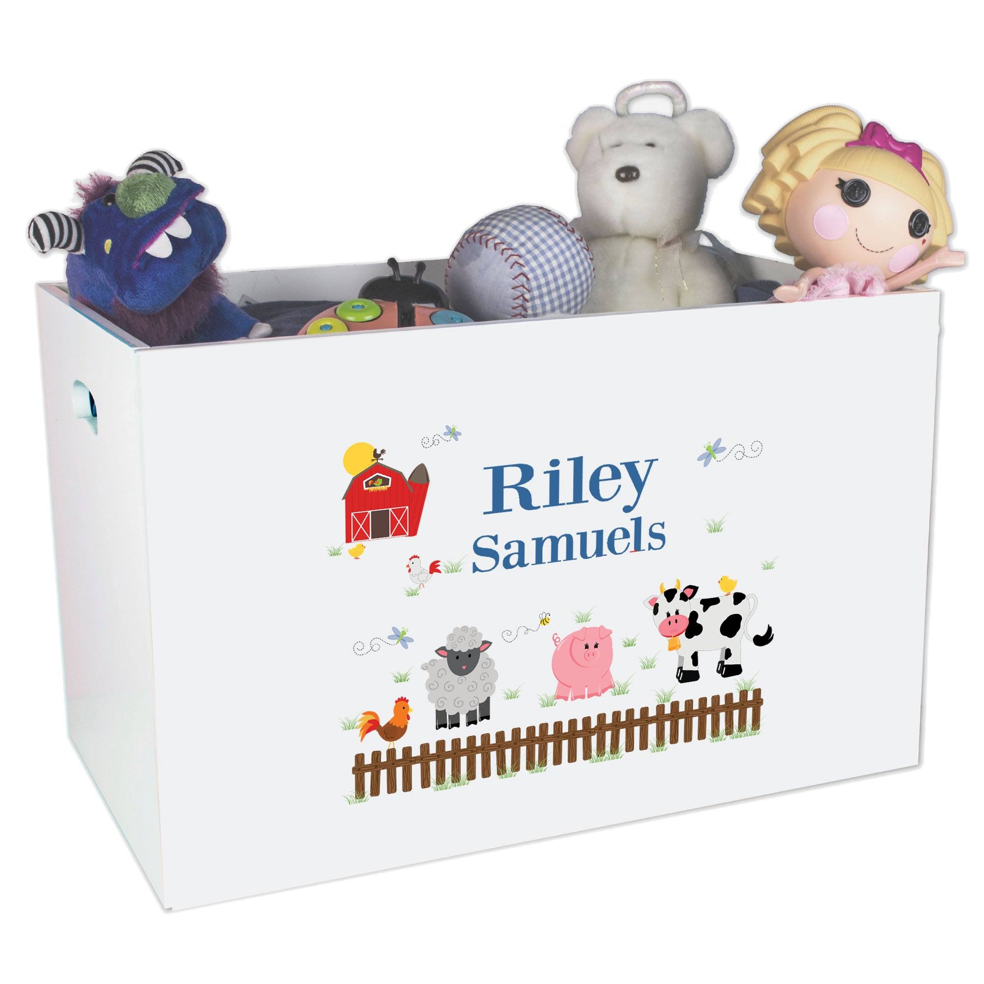 Open White Toy Box Bench with Barnyard Friends design