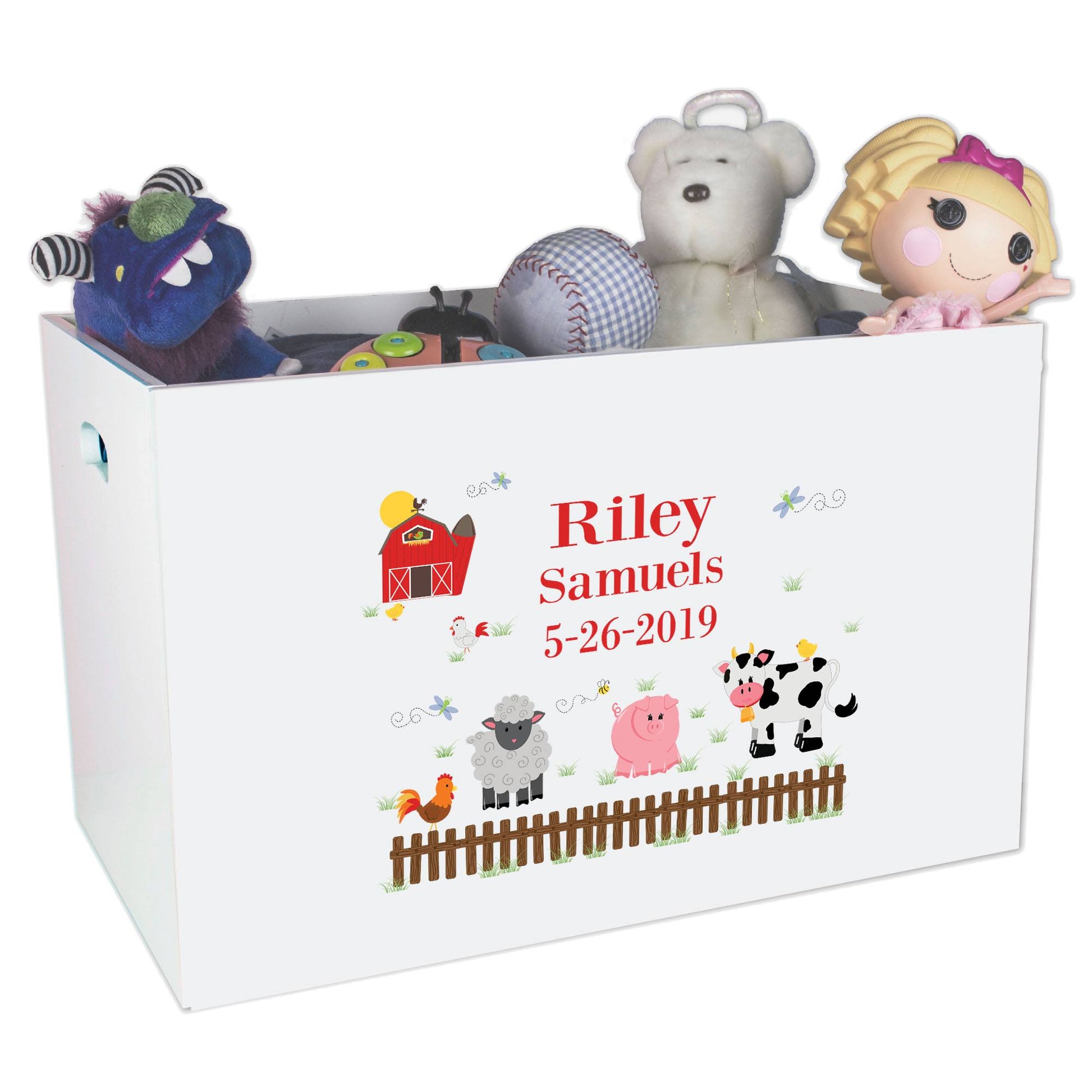 Open White Toy Box Bench with Barnyard Friends design